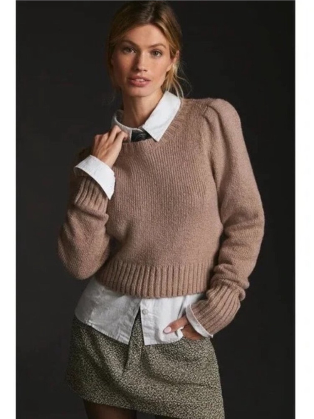NWT Anthropologie M Cropped tan Puff-Sleeve Crewneck Sweater